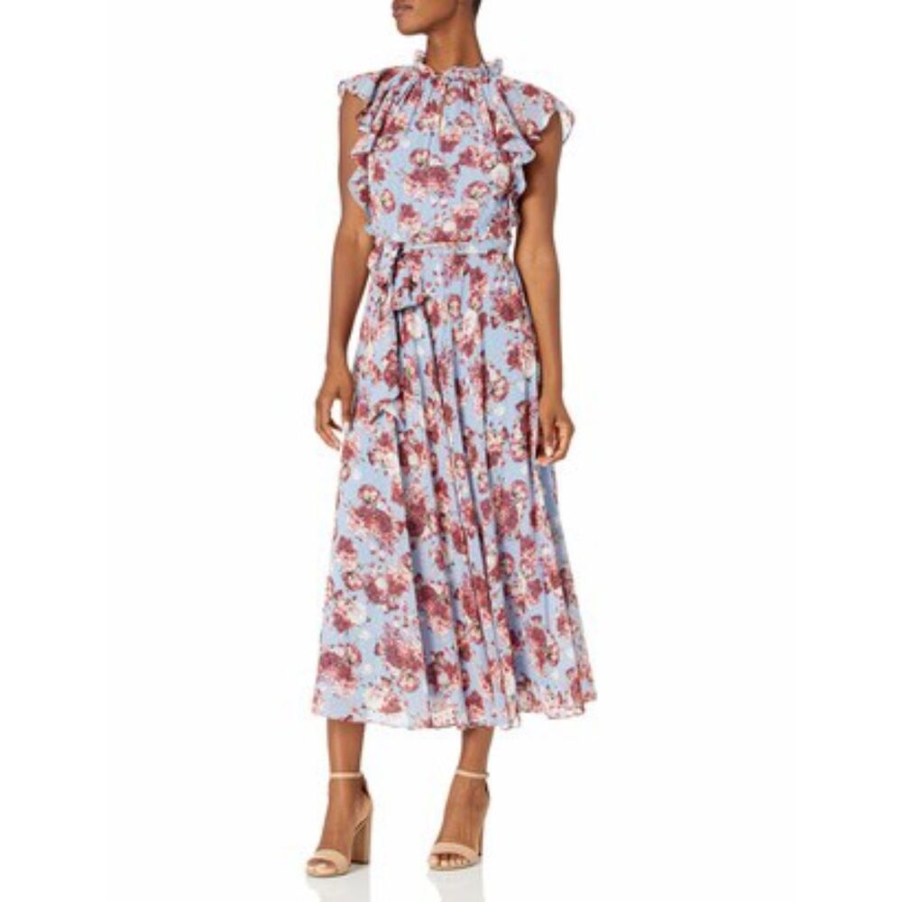 T-Tahari Garden Blue & Pink Flutter Midi Dress, NWT, size 10